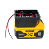 Black battery light adapter box with red and black wiring mounted on a yellow and black 20V DeWalt XR 5Ah battery, designed for reliable LED lighting in Lamps & Lighting and Battery, Solar, LED collections.