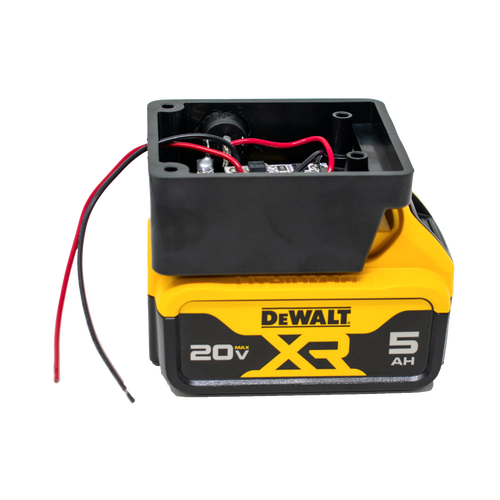 Black battery light adapter box with red and black wiring mounted on a yellow and black 20V DeWalt XR 5Ah battery, designed for reliable LED lighting in Lamps & Lighting and Battery, Solar, LED collections.