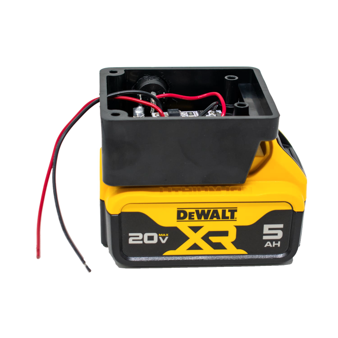 Black battery light adapter box with red and black wiring mounted on a yellow and black 20V DeWalt XR 5Ah battery, designed for reliable LED lighting in Lamps & Lighting and Battery, Solar, LED collections.