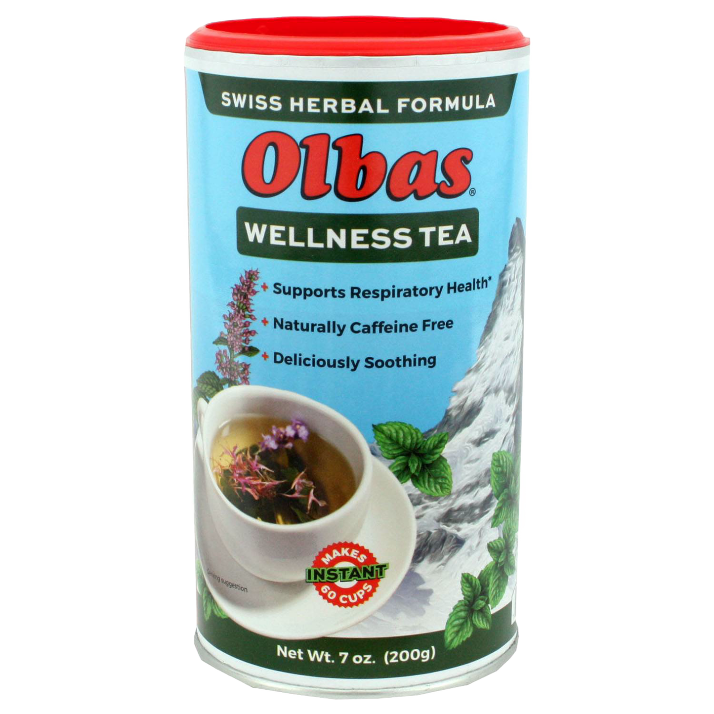 Tall cylindrical container of Olbas Wellness Herbal Tea with a red lid, featuring Swiss herbal formula branding and an image of a steaming teacup with herbs, ideal for Kitchen & Food and Brewing Coffee and Tea collections.