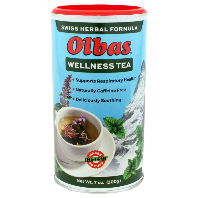 Tall cylindrical container of Olbas Wellness Herbal Tea with a red lid, featuring Swiss herbal formula branding and an image of a steaming teacup with herbs, ideal for Kitchen & Food and Brewing Coffee and Tea collections.