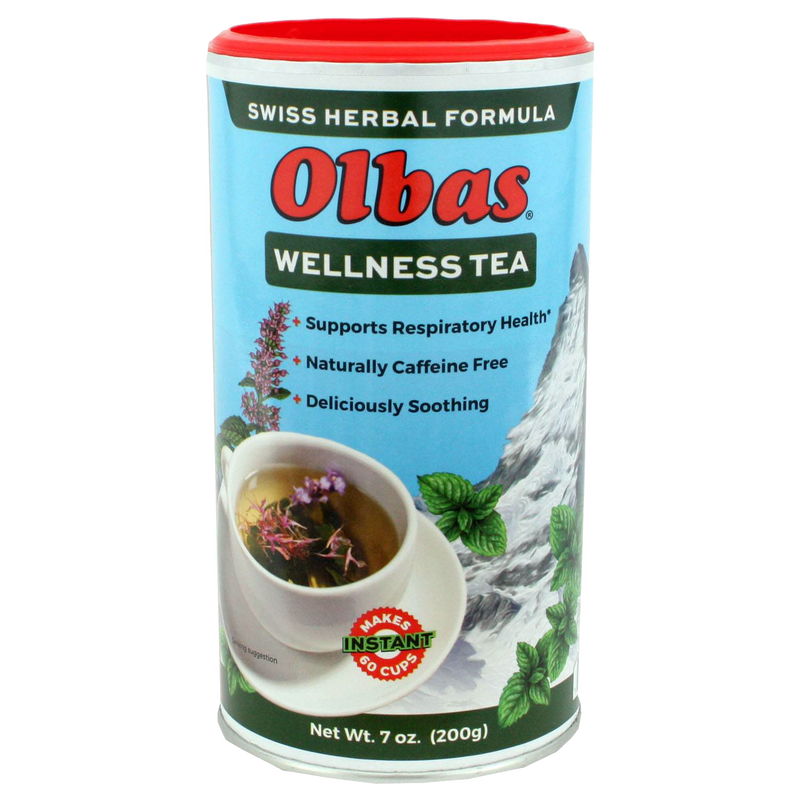 Tall cylindrical container of Olbas Wellness Herbal Tea with a red lid, featuring Swiss herbal formula branding and an image of a steaming teacup with herbs, ideal for Kitchen & Food and Brewing Coffee and Tea collections.