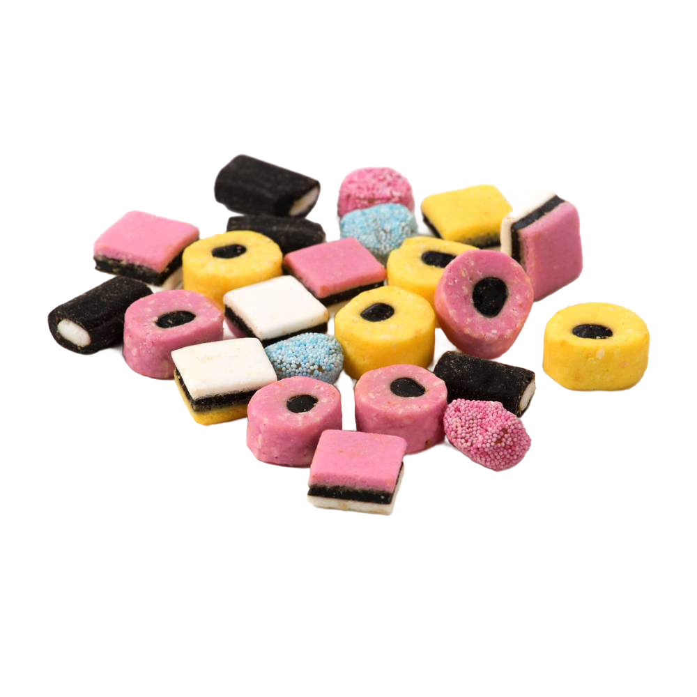 Assorted old-fashioned licorice mix candies in various shapes and colors, featuring fruit-flavored pieces, handcrafted and made in USA, suitable for Kitchen & Food and Candy collections.