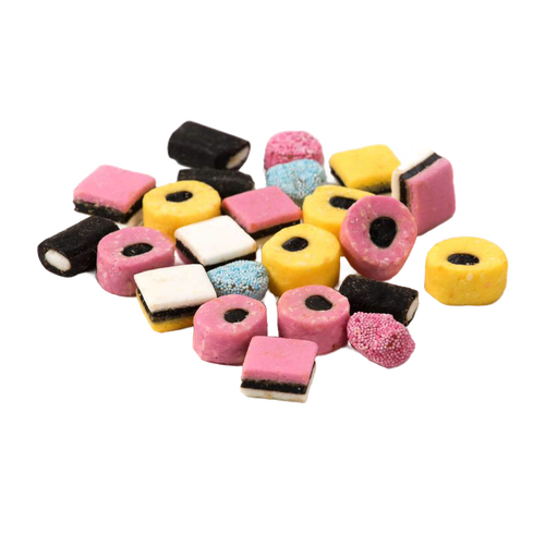 Assorted old-fashioned licorice mix candies in various shapes and colors, featuring fruit-flavored pieces, handcrafted and made in USA, suitable for Kitchen & Food and Candy collections.