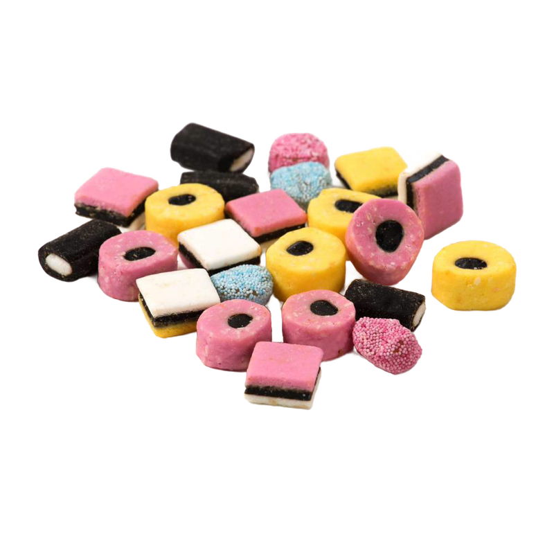 Assorted old-fashioned licorice mix candies in various shapes and colors, featuring fruit-flavored pieces, handcrafted and made in USA, suitable for Kitchen & Food and Candy collections.