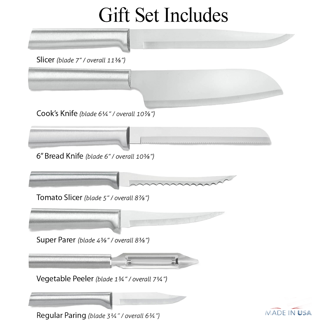 Handcrafted 7-piece knife set with silver handles including slicer, cook’s, bread, tomato, super parer, vegetable peeler, and regular paring knives, made in USA, ideal for kitchen food prep and featured in Farm, Garden & Tool and Knives & Axes collections.