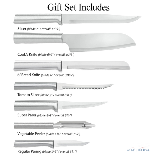 Handcrafted 7-piece knife set with silver handles including slicer, cook’s, bread, tomato, super parer, vegetable peeler, and regular paring knives, made in USA, ideal for kitchen food prep and featured in Farm, Garden & Tool and Knives & Axes collections.