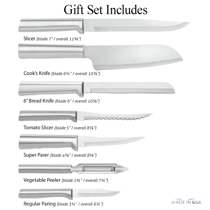 Handcrafted 7-piece knife set with silver handles including slicer, cook’s, bread, tomato, super parer, vegetable peeler, and regular paring knives, made in USA, ideal for kitchen food prep and featured in Farm, Garden & Tool and Knives & Axes collections.