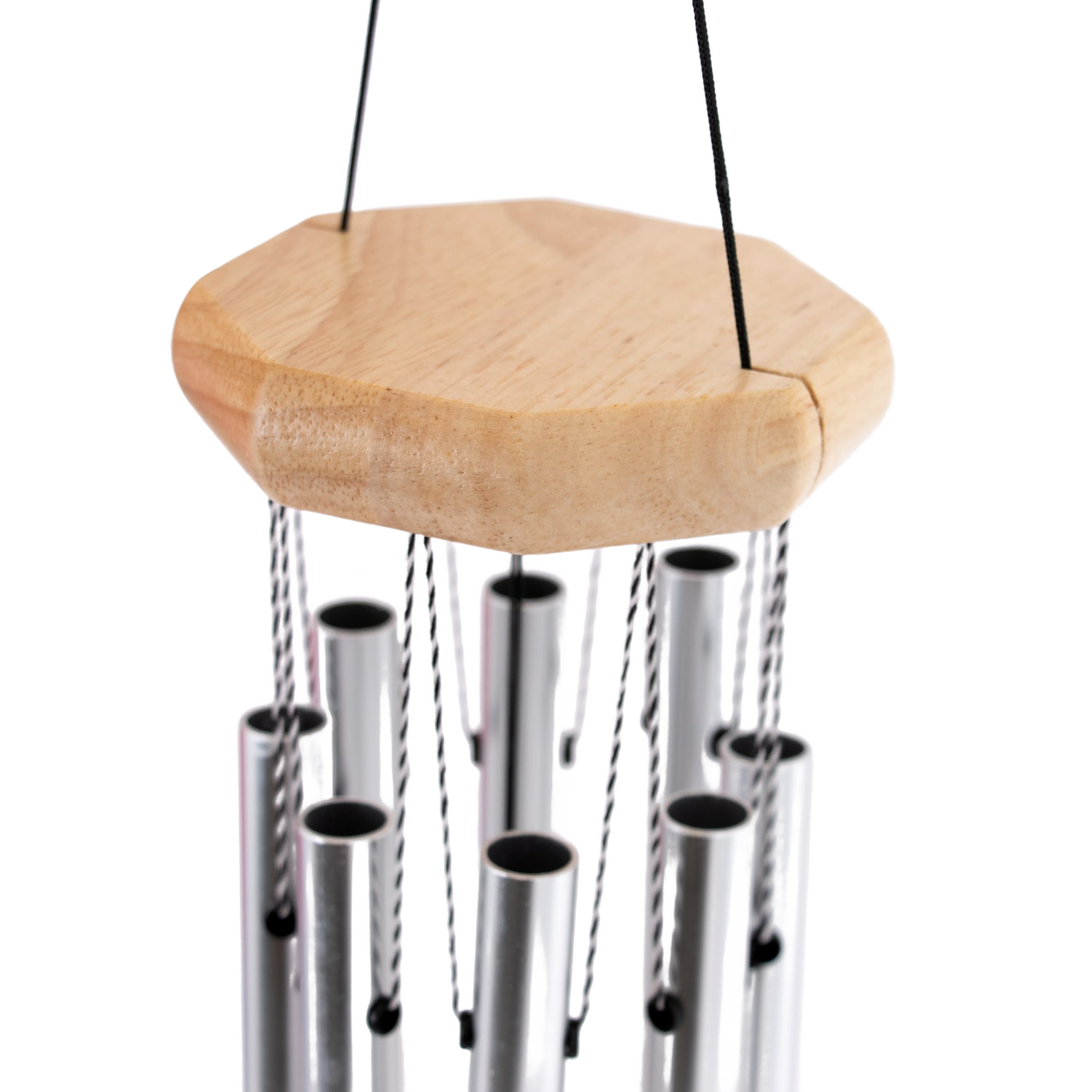 Handcrafted wind chime with an octagon-shaped wooden top and silver metal tubes, designed for soothing outdoor sounds in Farm, Garden & Tool, Garden Accessories, and Best Sellers collections.