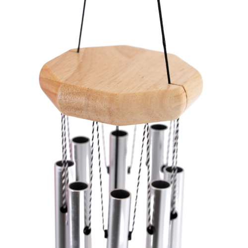 Handcrafted wind chime with an octagon-shaped wooden top and silver metal tubes, designed for soothing outdoor sounds in Farm, Garden & Tool, Garden Accessories, and Best Sellers collections.