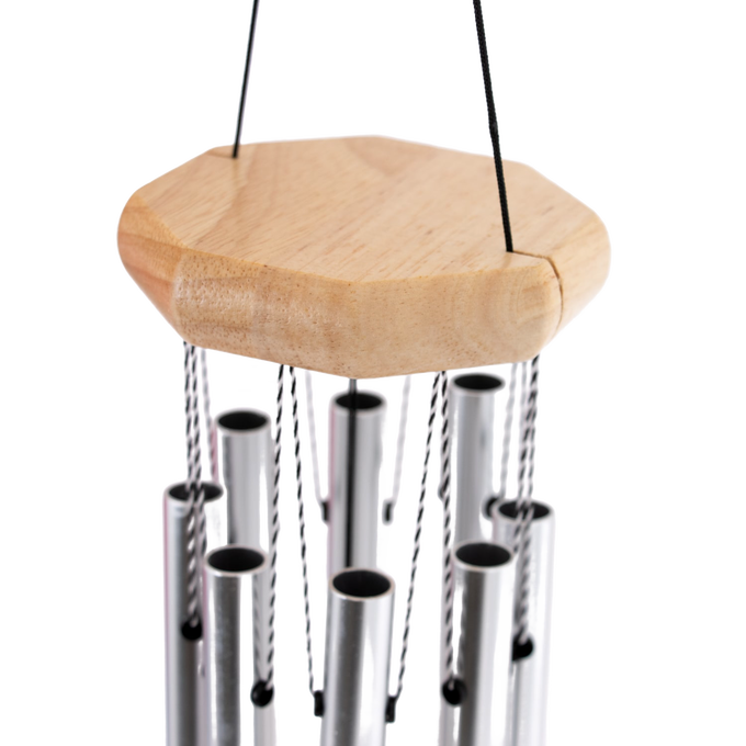 Handcrafted wind chime with an octagon-shaped wooden top and silver metal tubes, designed for soothing outdoor sounds in Farm, Garden & Tool, Garden Accessories, and Best Sellers collections.