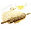 Wooden patterned rolling pin with traditional carved designs imprinting dough for Springerle cookies, shown with dough, baking rack with cookies, and glass bowls, ideal for Kitchen & Food, Cookware, Baking Supplies, Best Sellers, and Promo Eligible collections.