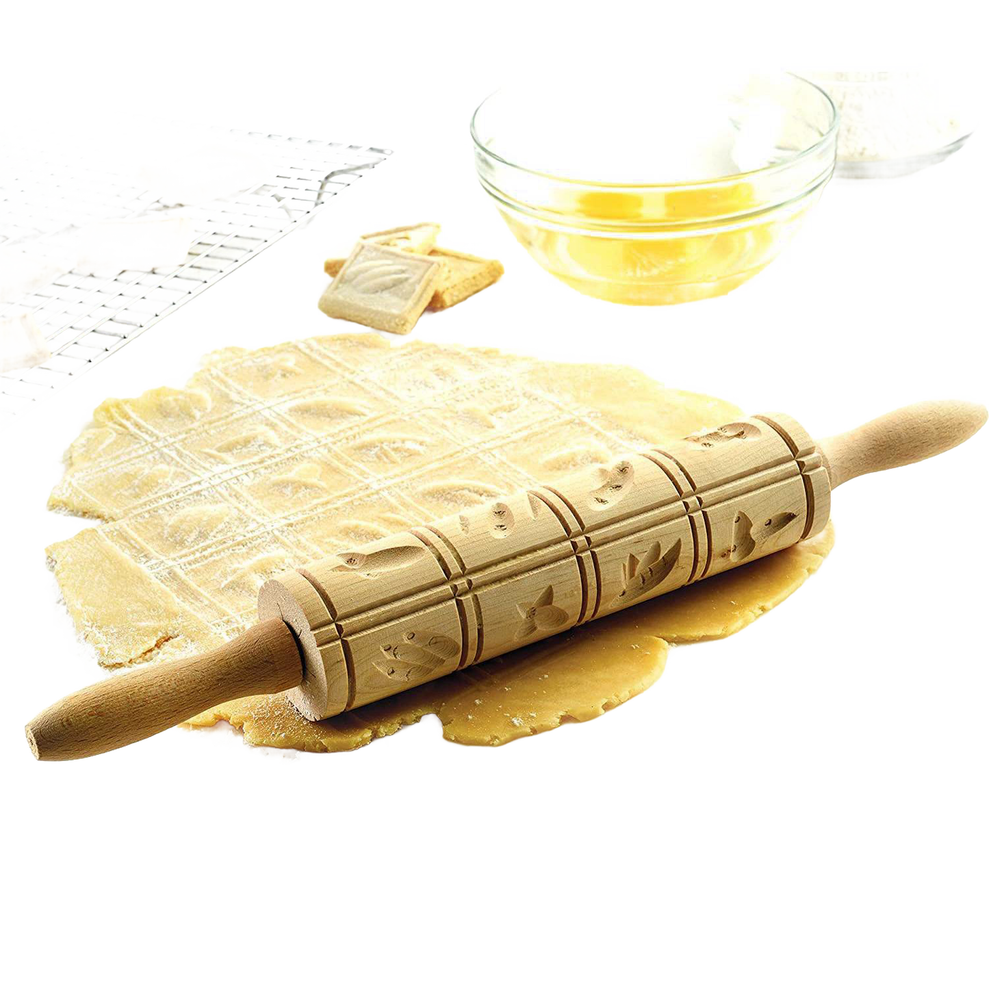 Wooden patterned rolling pin with traditional carved designs imprinting dough for Springerle cookies, shown with dough, baking rack with cookies, and glass bowls, ideal for Kitchen & Food, Cookware, Baking Supplies, Best Sellers, and Promo Eligible collections.