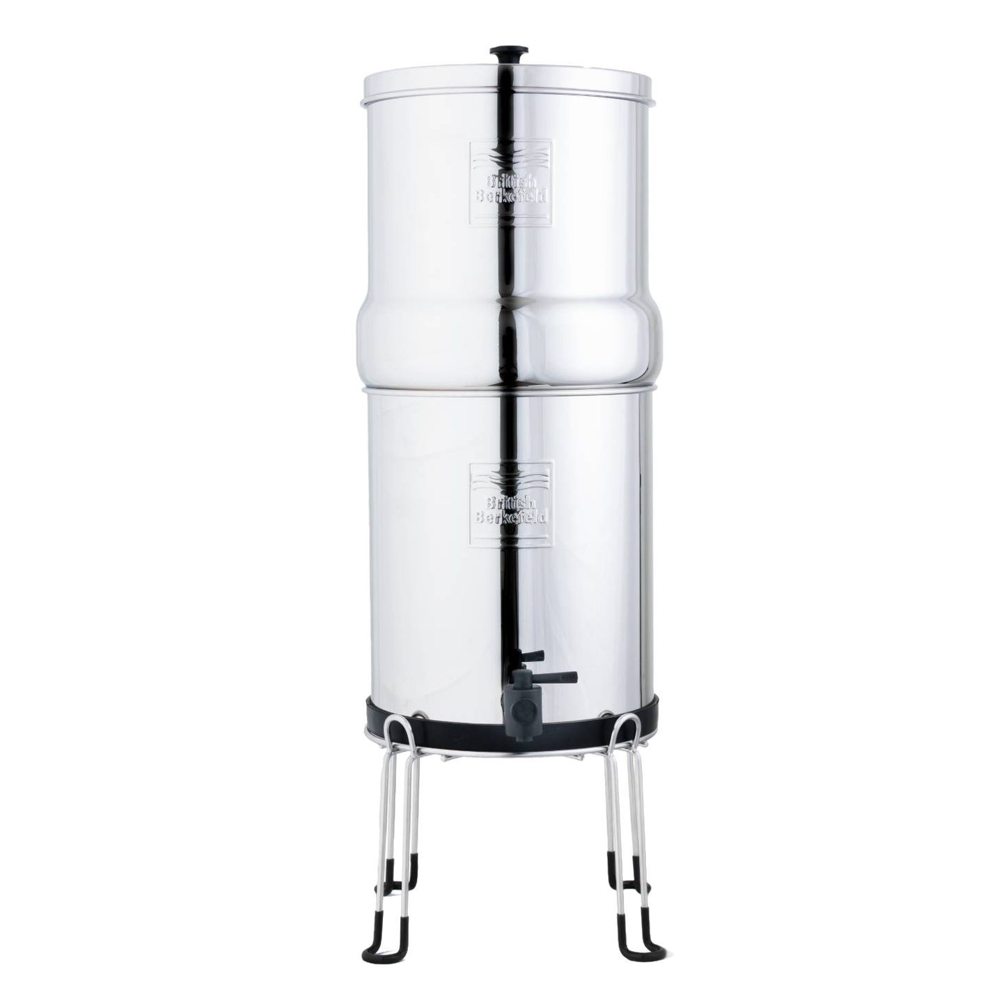 Polished stainless steel gravity water filter elevated on a sturdy metal stand with raised legs for easy dispensing, suitable for Appliances, Emergency Supplies, Water Heating and Treatment, Best Sellers, and Promo Eligible collections.