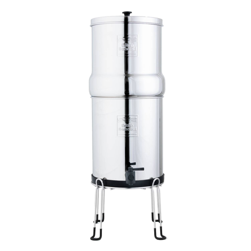 Polished stainless steel gravity water filter elevated on a sturdy metal stand with raised legs for easy dispensing, suitable for Appliances, Emergency Supplies, Water Heating and Treatment, Best Sellers, and Promo Eligible collections.