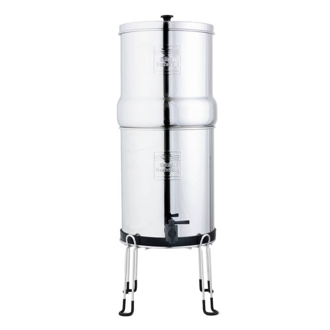 Polished stainless steel gravity water filter elevated on a sturdy metal stand with raised legs for easy dispensing, suitable for Appliances, Emergency Supplies, Water Heating and Treatment, Best Sellers, and Promo Eligible collections.