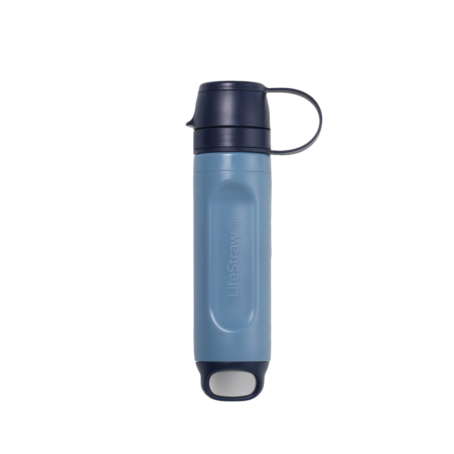 Compact blue and black lightweight life straw water filter with leak-proof caps and one-handed flip top, designed for camping, emergency supplies, and outdoor use.