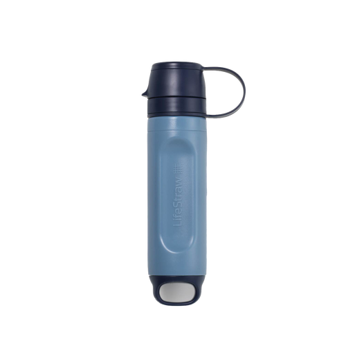 Compact blue and black lightweight life straw water filter with leak-proof caps and one-handed flip top, designed for camping, emergency supplies, and outdoor use.