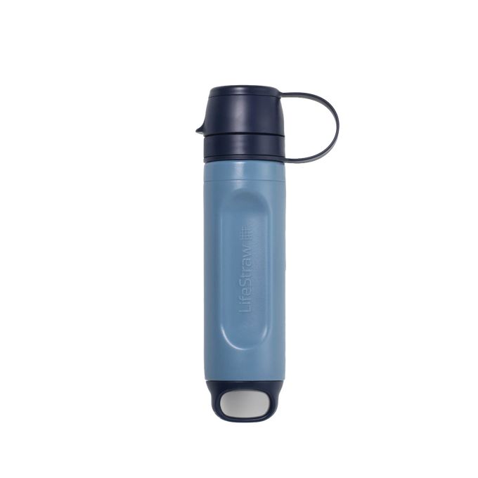 Compact blue and black lightweight life straw water filter with leak-proof caps and one-handed flip top, designed for camping, emergency supplies, and outdoor use.