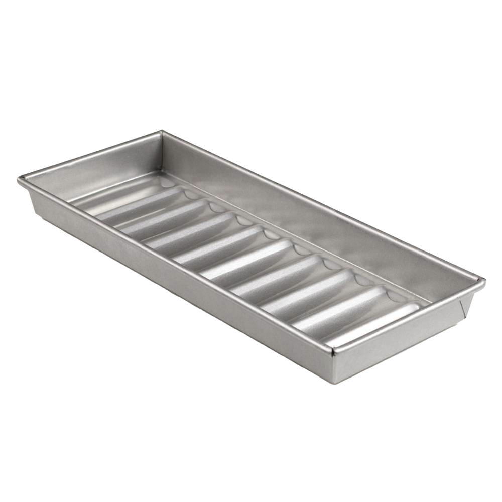 Made in USA aluminized steel hot dog bun pan with ten shaped compartments for baking New England-style buns, ideal for Kitchen & Food, Bakeware, and USA Made collections.