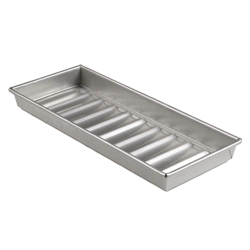 Made in USA aluminized steel hot dog bun pan with ten shaped compartments for baking New England-style buns, ideal for Kitchen & Food, Bakeware, and USA Made collections.