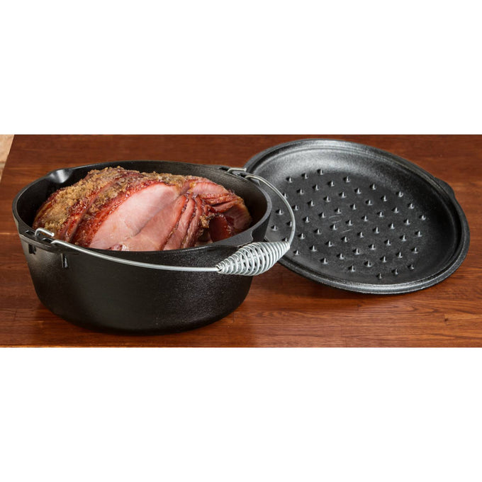 Lodge Logic cast iron Dutch oven with spiral handle and self-basting lid, pre-seasoned and ready for roasting, stewing, and baking in Kitchen & Food, Cookware, Cast Iron, USA Made collections.