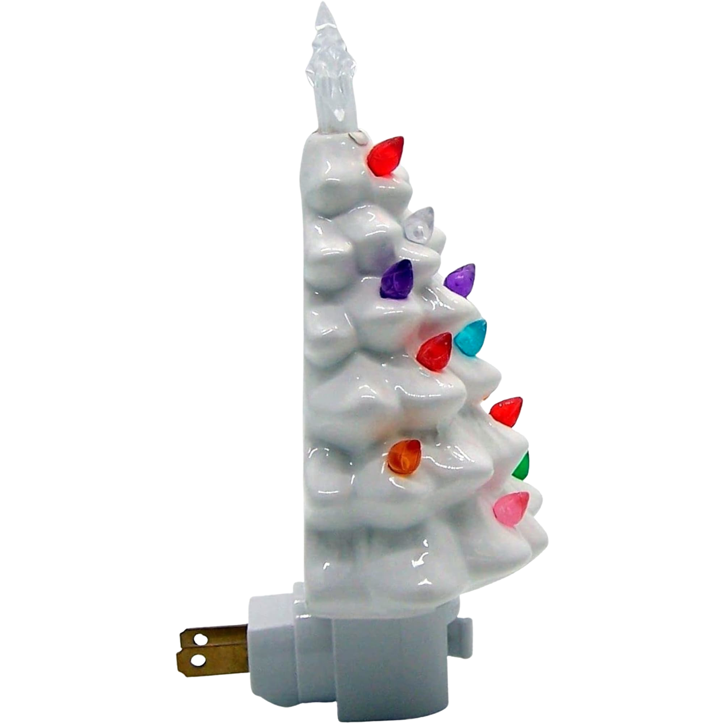 Unique handcrafted white ceramic Christmas tree nightlight with colorful bulbs in purple, pink, green, red, yellow, blue, and clear star topper, ideal for Home & Decor, Holiday Decor, Best Sellers, and Promo Eligible collections.