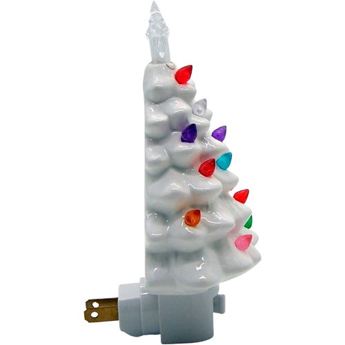 Unique handcrafted white ceramic Christmas tree nightlight with colorful bulbs in purple, pink, green, red, yellow, blue, and clear star topper, ideal for Home & Decor, Holiday Decor, Best Sellers, and Promo Eligible collections.
