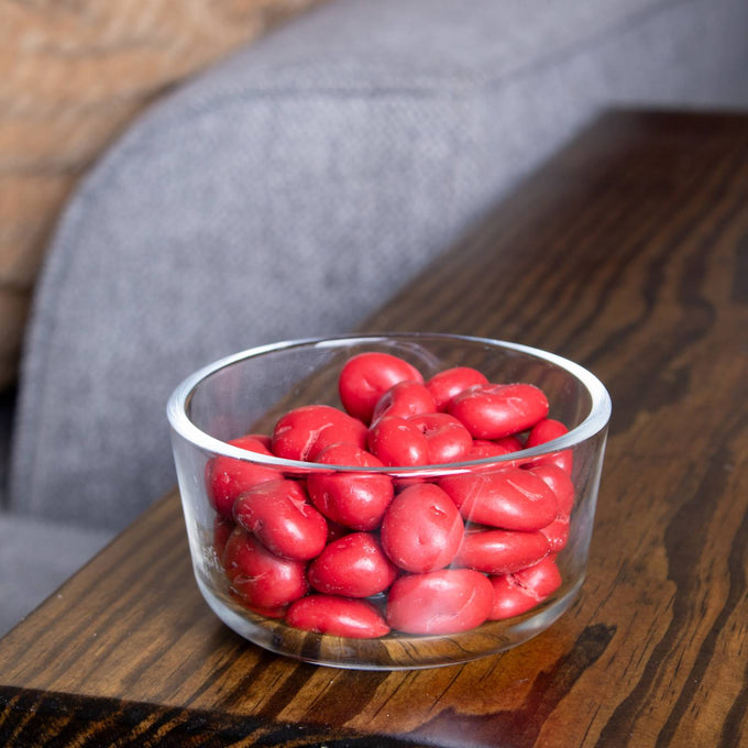 Clear glass bowl filled with glossy red chocolate covered cherries, rich and creamy, ideal for Kitchen & Food, Snacks and Sweets, Candy, USA Made, and Best Sellers collections.
