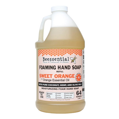 Handcrafted 64-ounce foaming hand soap refill infused with sweet orange essential oil, made with natural coconut, hemp, and olive oils, featured in Health & Wellness and Grooming collections.
