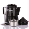 Glossy black enameled steel percolator with detachable lid, stainless steel filter basket, and plunger, designed for brewing coffee or tea, featured in Camping, Kitchen & Food, and Farm, Garden & Tool collections.