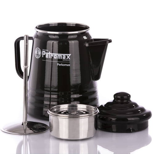 Glossy black enameled steel percolator with detachable lid, stainless steel filter basket, and plunger, designed for brewing coffee or tea, featured in Camping, Kitchen & Food, and Farm, Garden & Tool collections.