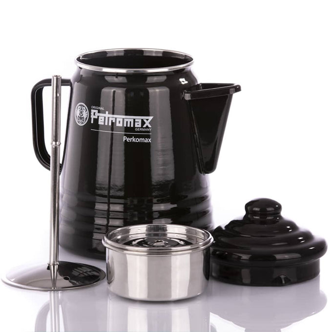 Glossy black enameled steel percolator with detachable lid, stainless steel filter basket, and plunger, designed for brewing coffee or tea, featured in Camping, Kitchen & Food, and Farm, Garden & Tool collections.