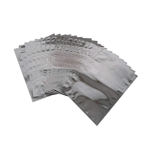 Set of 20 durable silver mylar food storage bags arranged in a fanned-out pattern, designed for long-term protection of dry grains, beans, and pantry staples, USA made.
