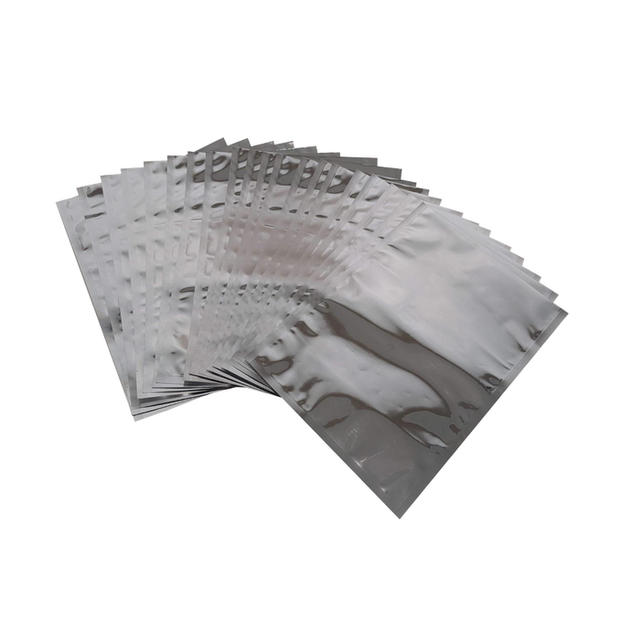Set of 20 durable silver mylar food storage bags arranged in a fanned-out pattern, designed for long-term protection of dry grains, beans, and pantry staples, USA made.