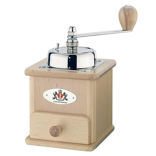 Handcrafted wooden coffee mill with a stainless steel top and ergonomic crank handle, designed for grinding fresh beans, perfect for Farm, Garden & Tool and Brewing Coffee and Tea collections.