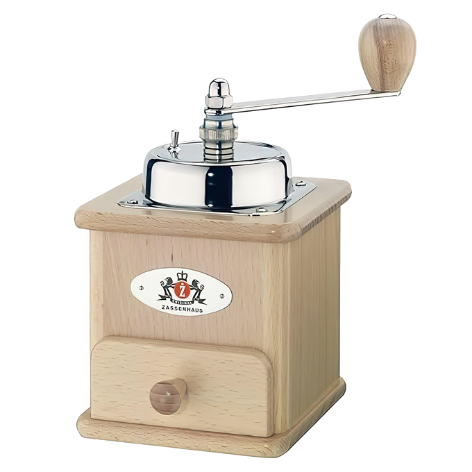 Handcrafted wooden coffee mill with a stainless steel top and ergonomic crank handle, designed for grinding fresh beans, perfect for Farm, Garden & Tool and Brewing Coffee and Tea collections.