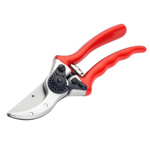 Red-handled bypass pruners with drop-forged high-carbon steel blades and adjustable ratchet mechanism, designed for cutting thicker stems in Farm, Garden & Tool and Lawncare collections.