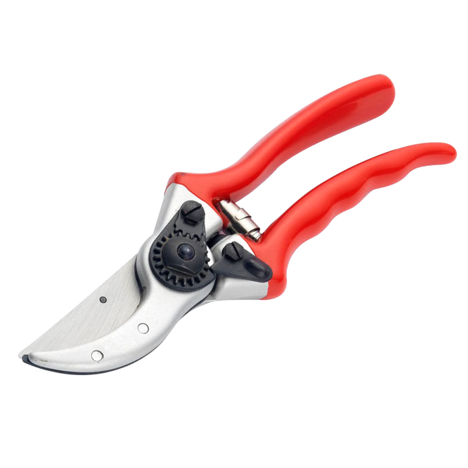 Red-handled bypass pruners with drop-forged high-carbon steel blades and adjustable ratchet mechanism, designed for cutting thicker stems in Farm, Garden & Tool and Lawncare collections.
