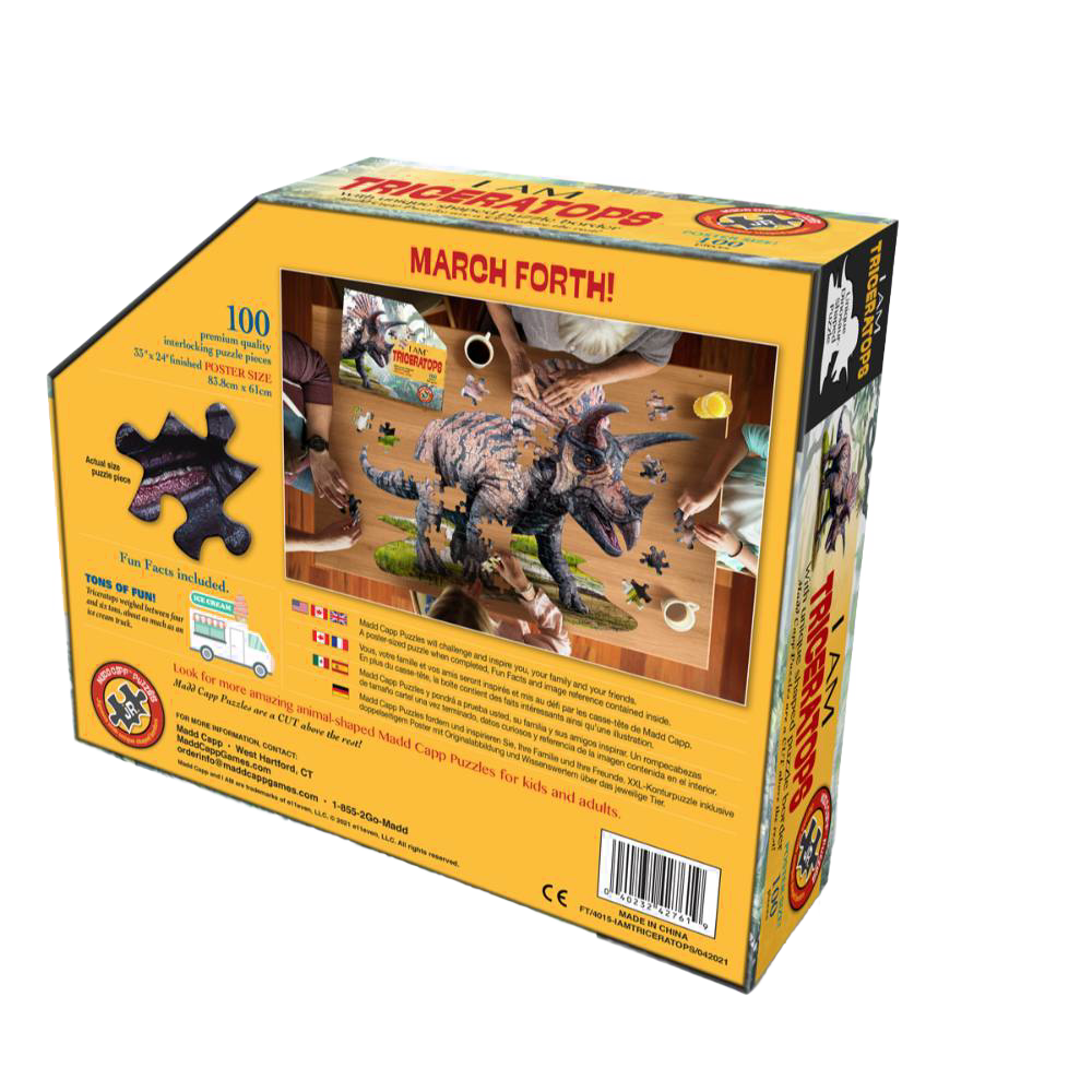 Colorful puzzle box featuring a handcrafted Triceratops-shaped puzzle with 100 pieces, designed for children's games and puzzles, promoting fun and learning within Kids Toys, Best Sellers, and Toys collections.