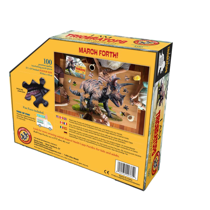 Colorful puzzle box featuring a handcrafted Triceratops-shaped puzzle with 100 pieces, designed for children's games and puzzles, promoting fun and learning within Kids Toys, Best Sellers, and Toys collections.
