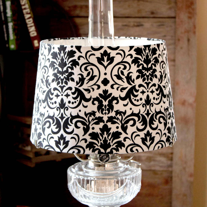 Black and white damask patterned cloth lamp shade designed for oil lamps, durable and shatterproof, showcased in Lamps & Lighting, Parts and Accessories, Lamp Shades, Best Sellers, and Promo Eligible collections.