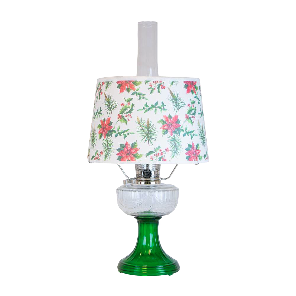 Vintage-style oil lamp with clear over emerald glass base and festive holly and pine patterned shade, handcrafted for Lamps & Lighting, Oil Lamps, Table Lamps collections.