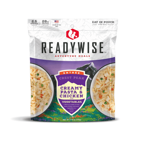 ReadyWise creamy pasta and chicken meal pouch with vegetables, made in USA, lightweight and shelf-stable, ideal for camping, emergency supplies, kitchen, pantry, and outdoor adventures collections.