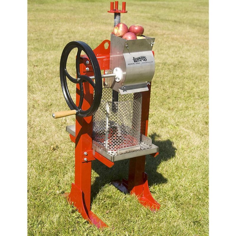 Handcrafted stainless steel fruit press with a red frame and black crank wheel, featuring a mesh basket and apple crusher, ideal for orchard use in Farm, Garden & Tool and Apple Harvest Supplies collections.