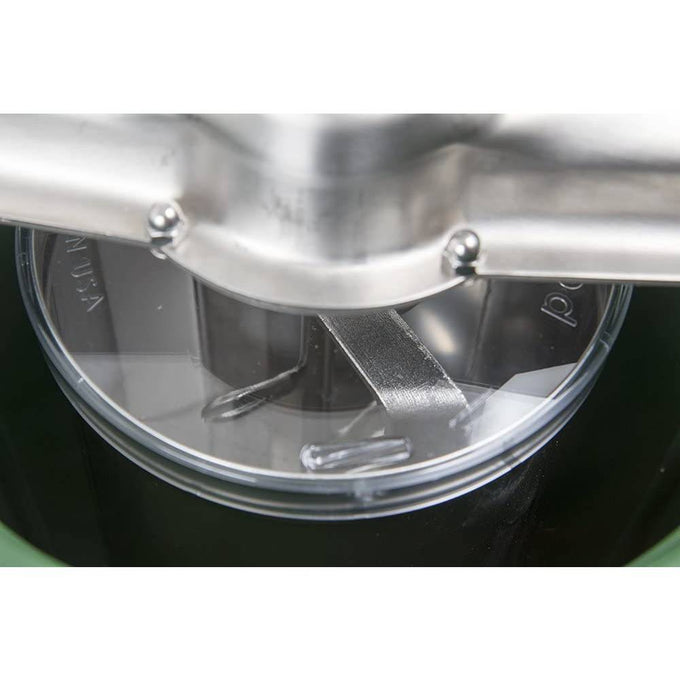 Close-up of polished stainless steel canister and mixing paddle visible through clear lid of a handcrafted Amish-made ice cream freezer designed for Kitchen & Food specialty equipment collections.