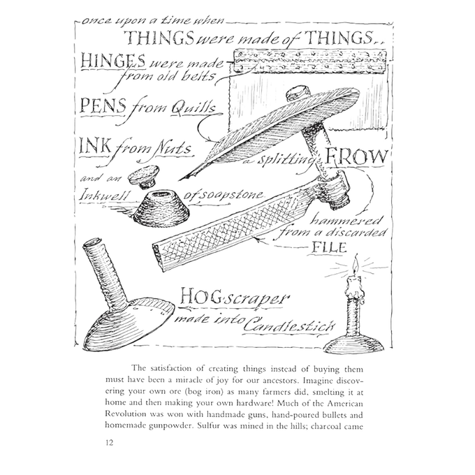 Detailed pen-and-ink drawing illustrating traditional quill pen writing tools including feather quill, ink bottle, blotting paper, and candleholder, featured in heritage and lifestyle books collections.