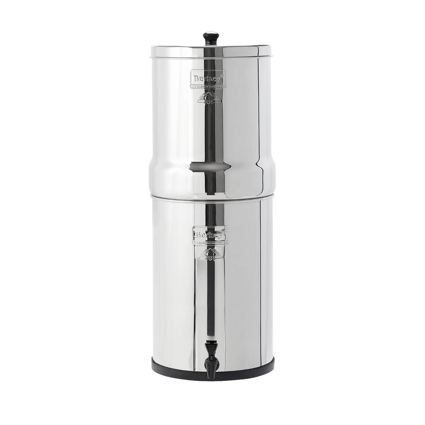 Polished AISI 304 stainless steel water filtration system with dual chambers and spigot, designed for large capacity water purification, featured in Appliances and Emergency Supplies collections.