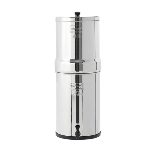Polished AISI 304 stainless steel water filtration system with dual chambers and spigot, designed for large capacity water purification, featured in Appliances and Emergency Supplies collections.