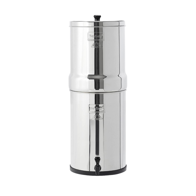 Polished AISI 304 stainless steel water filtration system with dual chambers and spigot, designed for large capacity water purification, featured in Appliances and Emergency Supplies collections.